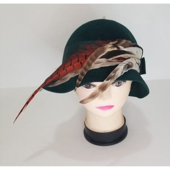 1960s VINTAGE Green Frank Olive Wool Hat Long Feathers Hat Band and Double Bow